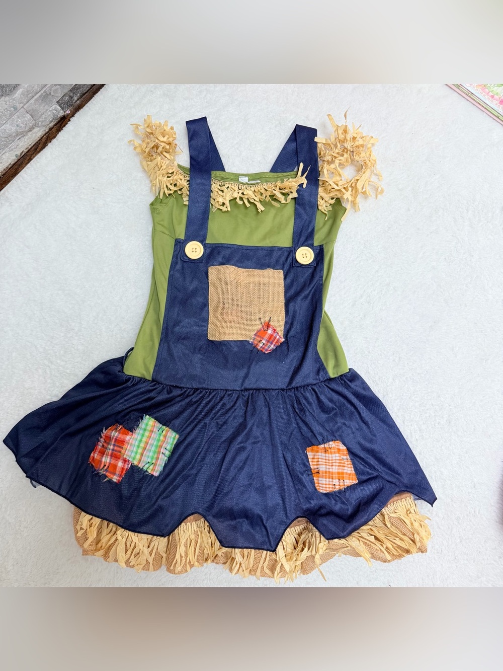 Girls Green & Navy Scarecrow Pinafore Costume for Kids